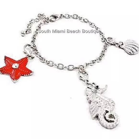 Seahorse Sea Life Charm Bracelet Silver Plated Shells Starfish 7-9" Plus Size - Picture 1 of 2